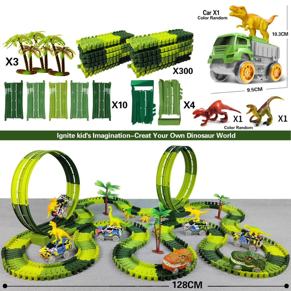 Pista Elétrica Infantil com Dinossauros – Brinquedo Educativo de Montar com Carros, Loopings e Acessórios Interativos