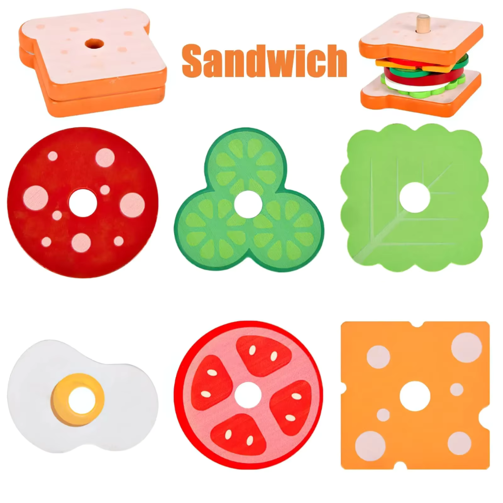 Brinquedo Educativo de Madeira Montessori – Sanduíche de Empilhar com Cartas de Comida para Crianças