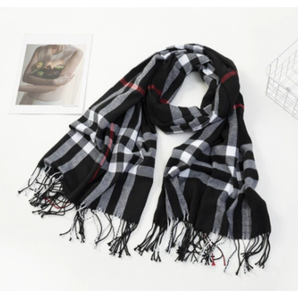 Cachecol Unissex Xadrez Clássico com Franjas para Inverno