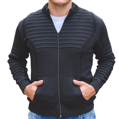 Casaco Masculino de Lã Tricot com Zíper e Bolsos