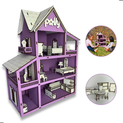 Casinha de Boneca em MDF – 19 Móveis e Parquinho Infantil Completo