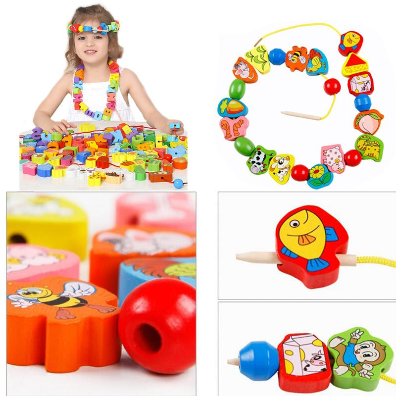 Kit de Contas de Madeira Montessori com Cordão – Brinquedo Educativo de Encaixe com Animais, Frutas, Letras e Números