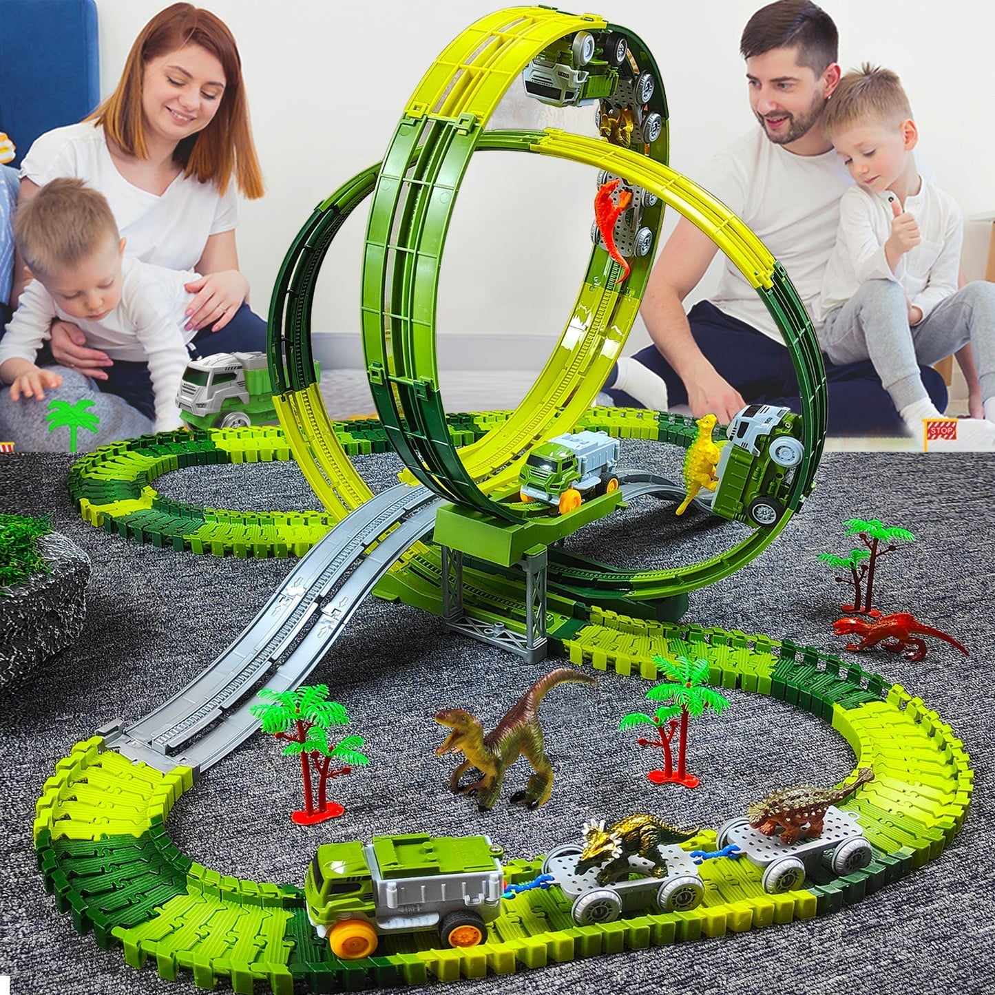 Pista Elétrica Infantil com Dinossauros – Brinquedo Educativo de Montar com Carros, Loopings e Acessórios Interativos